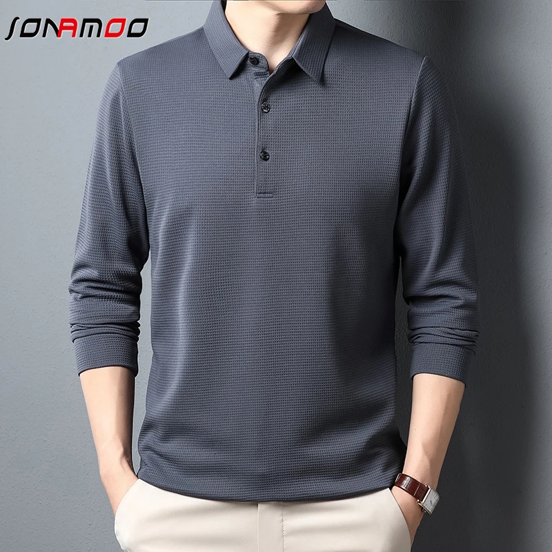 Men\'s Business Casual Polo Long Sleeve T-shirt Summer Comfortable Solid Cotton Top