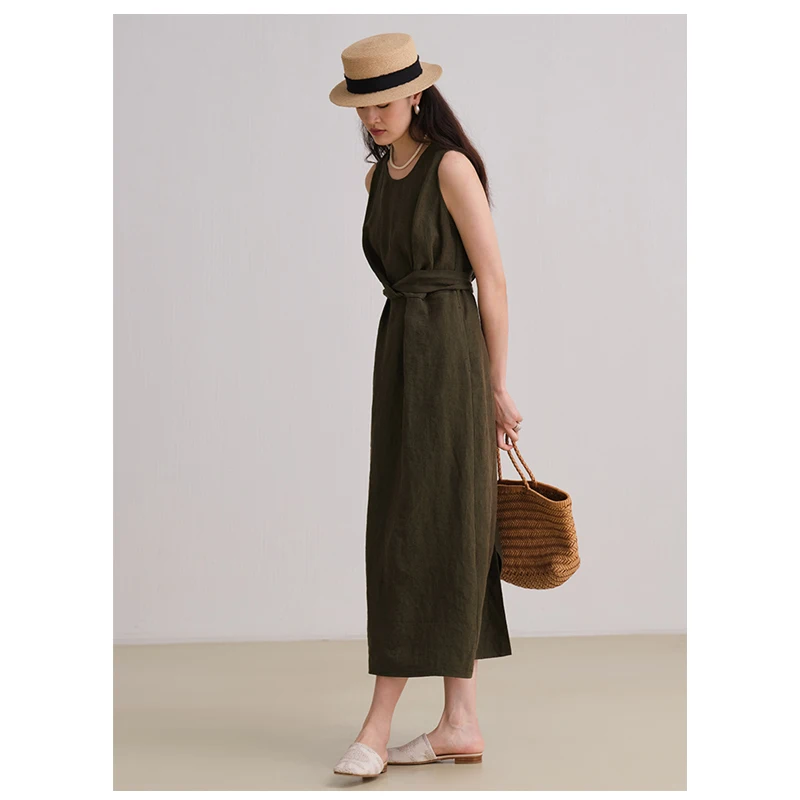 High-end Linen Women's Sleeveless Round Neck Dress Black Back Strap Dress Temperament Simple Elegant Light Luxury Women's Dress