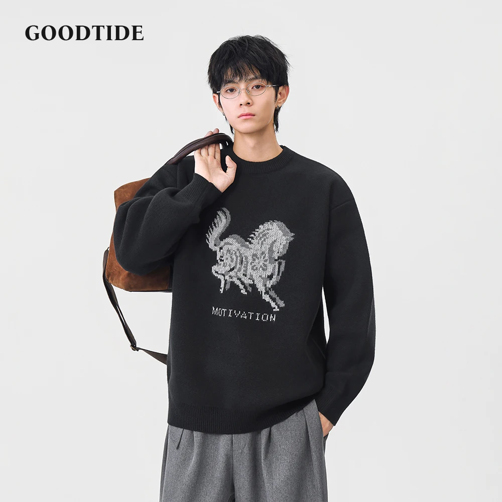 Fashion Men's Casual Crew Neck Sweater 2025 Winter New Horse Pattern Print Knitted Pullover Soft Long Sleeve Jumper Top