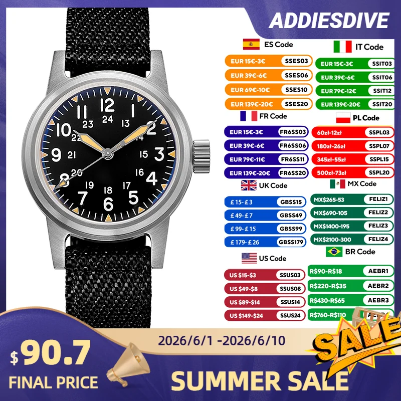 

ADDIESDIVE NH35 Automatic Mechanical Watches Vintage Men's Watch 36mm Stainless 20Bar Waterproof C3 Luminous Sports Watch AD2088