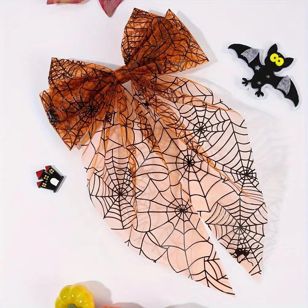 Large Bow Halloween Hair Clip Orange Handmade Hair Accessories Spider Web Print Pumpkin Bow Spring Clip Holiday Decor
