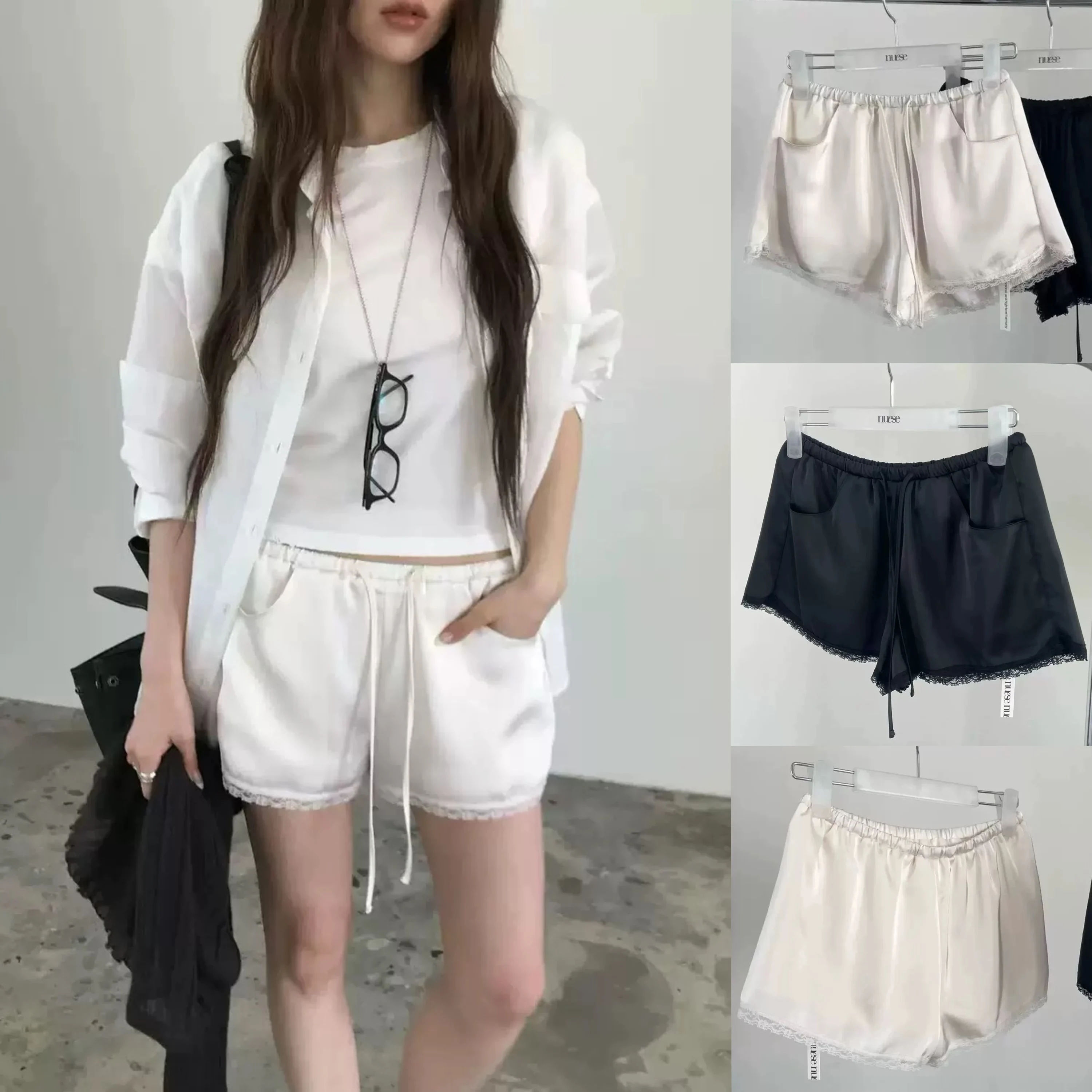 

Korean Style Satin Lace Trim Short Pants Drawstring Elastic Waist Casual Color Straight Leg Hot Pants Ladies Fashion