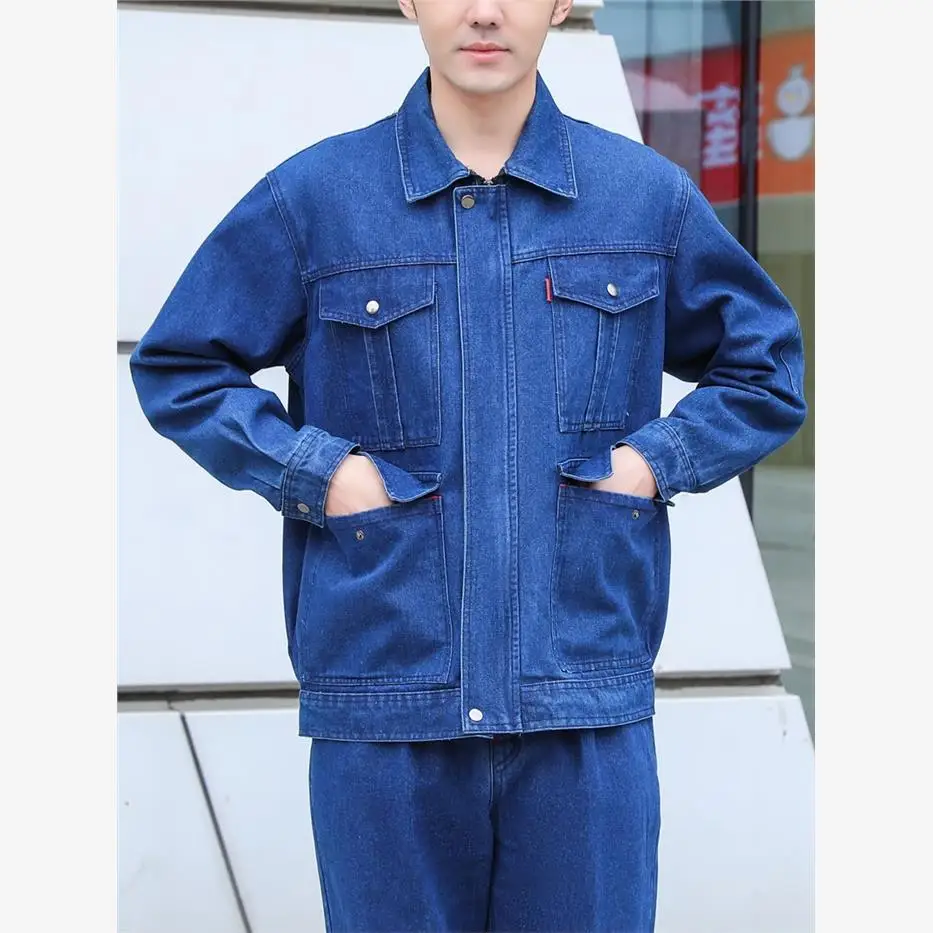 

Thiened Pure Cotton Work orm Set for Men Welding Anti-Heat Wear Resistant Denim Workwear with Big kets