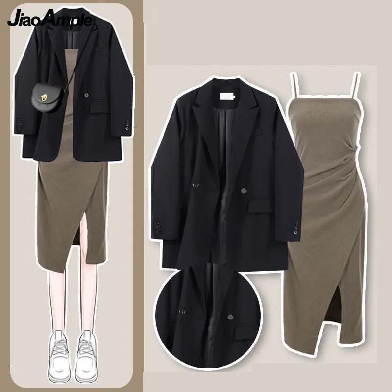 Women Autumn Winter New Casual Blazers Jacket+sexy Split Sling Skirt Two-piece Korean Elegant Loose Suit Coat Dress Matching Set