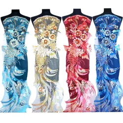 130CM Gold Red Blue Phoenix Lace Fabric Sequin Rhinestone Embroidered Gown Appliques Collar Sew On Patch For Wedding Dress DIY