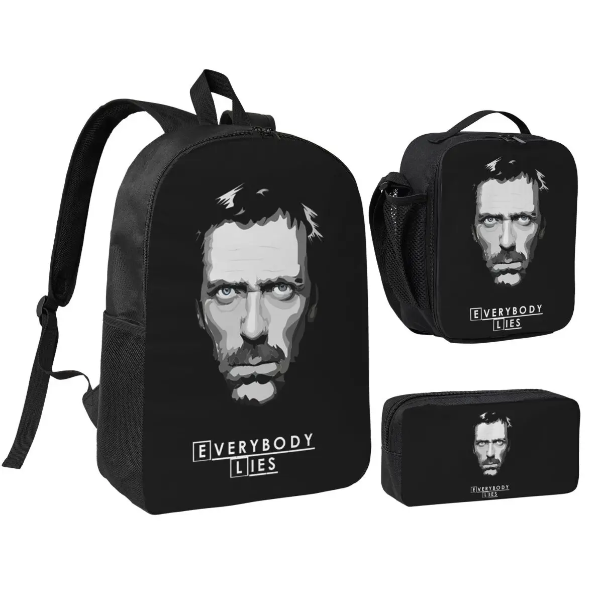 

House MD Everybody Lies Backpack Student BookBag School Bag Shoulder Bags 3ps Insulated Lunch Bag Pencil Case