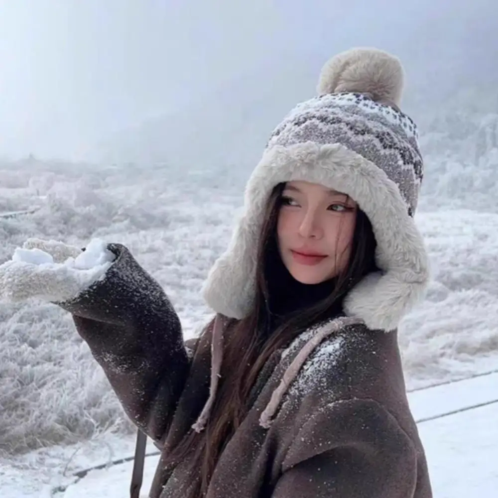

Winter Warm Bomber Cap Woolen Knitted Thick Fleece Thermal Knitting Earflap Hat Plush Hat Windproof Winter Outdoor Ski Hat Women