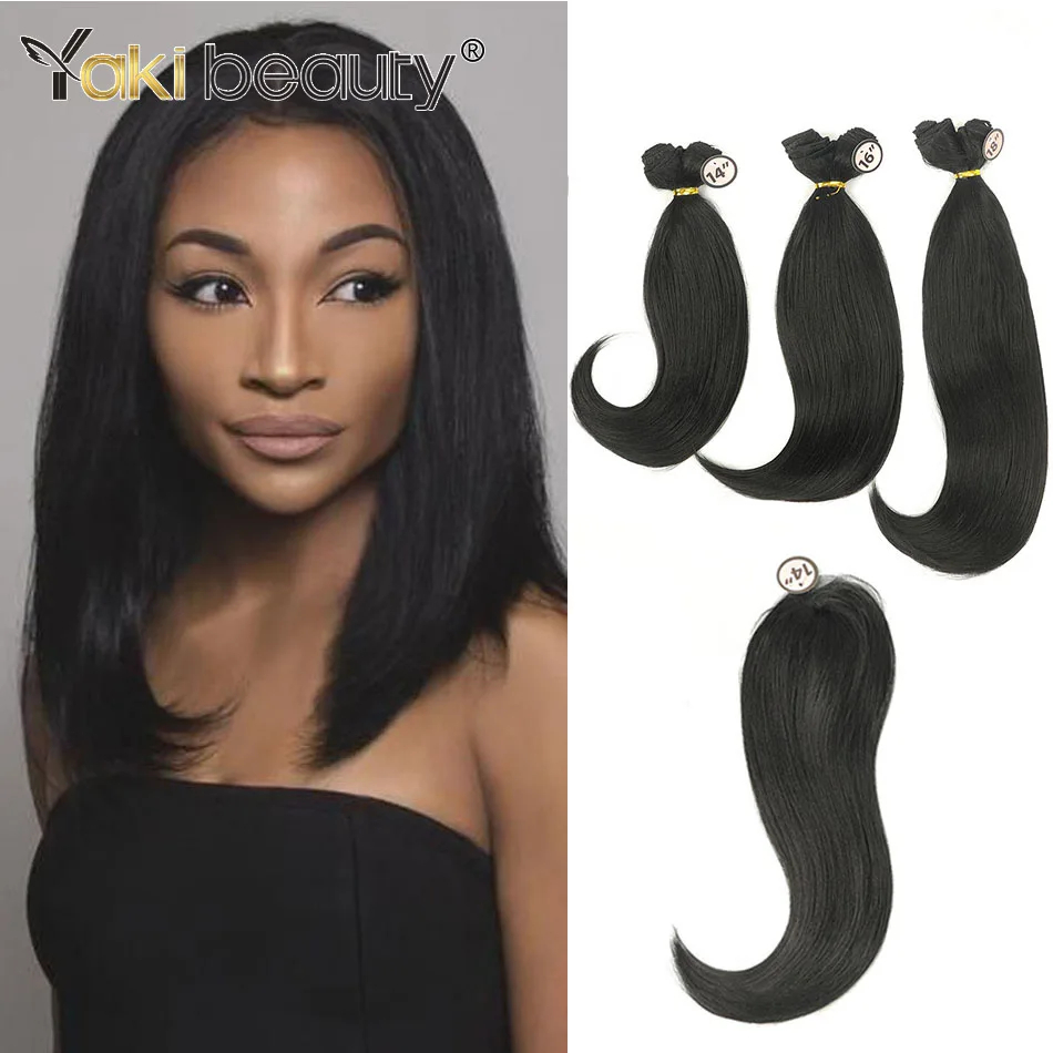 Synthetic Silk Straight Hair Bundles 6PCS With Closure Yaki Straight Hair Weave 14''16''18'' Extensions High Quality Weaving