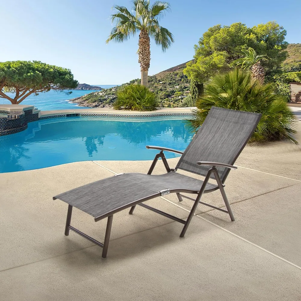 

Aluminum Patio Chaise Lounge Chair, Adjustable Chair for Outside with 8 Backrest Positions, Brown Frame, Folding Outdoor
