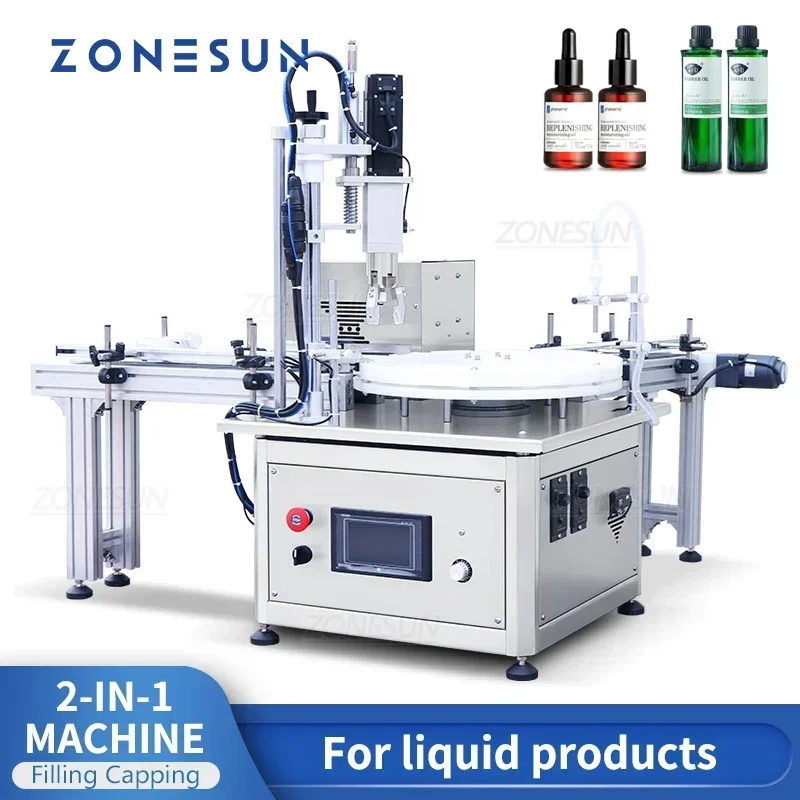 ZONESUN-máquina taponadora de llenado automático con transportador, bomba peristáltica, Perfume de mesa, Vial líquido, botella Roll-on, ZS-AFC1Z