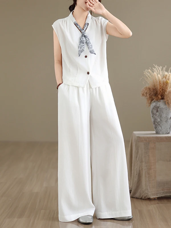 

Fashionable V-neck Shirt And Wide Leg Pants Two-piece Set Summer Women's Clothing Draping Sense Quality Outfit by Meimei Da