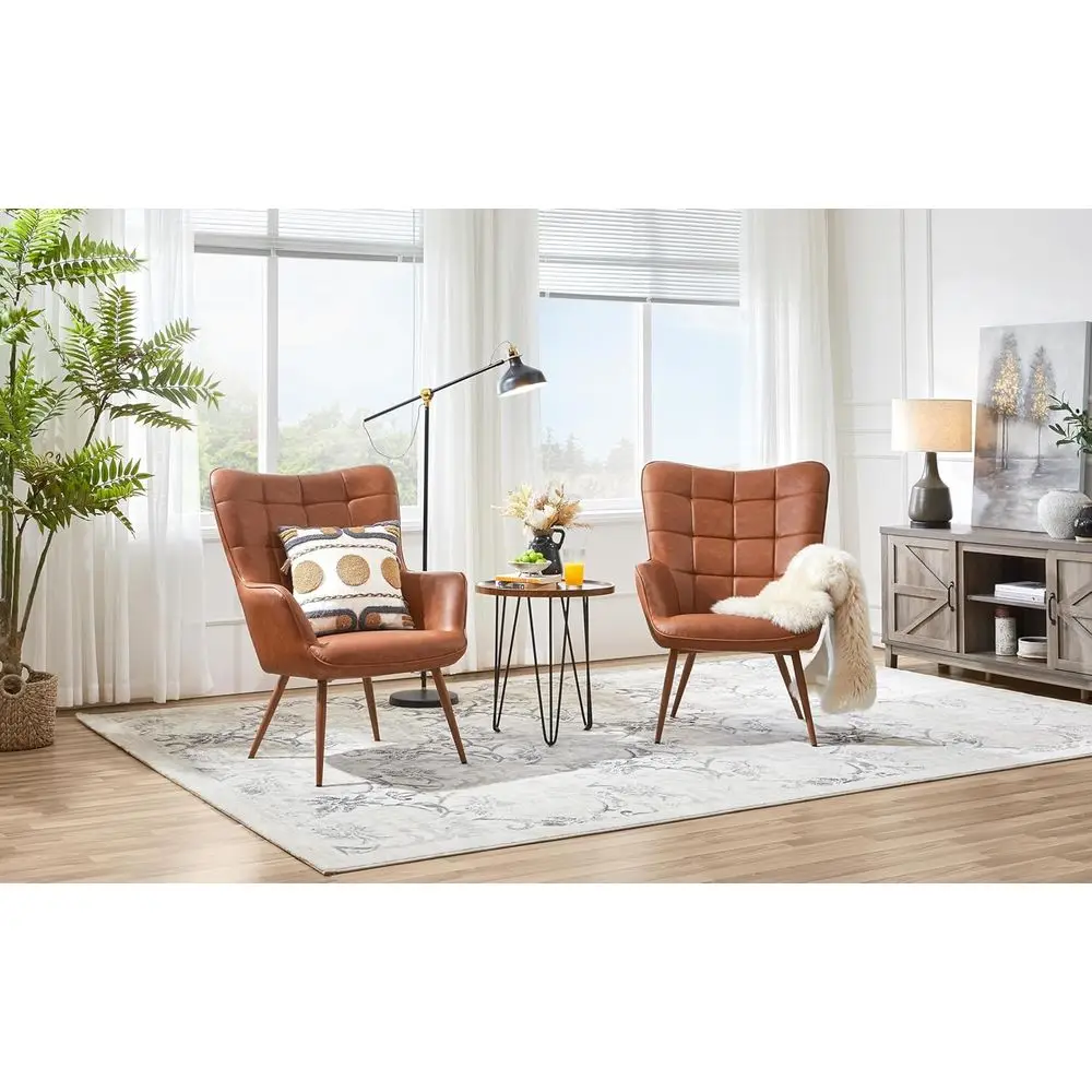 

Brown High-Back Leather Accent Chairs with Metal Legs, Set of 2 for Living Room, Bedroom, or Home Office