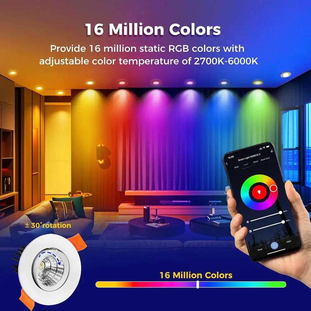 Iluminação LED Embutida Inteligente de 2 Polegadas, 5W Dimerizável RGB & CCT 2700-6500K, 110V Compatível com Alexa e Home, com Driver LED