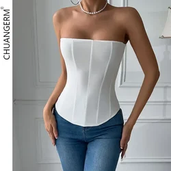 Chuangerm sexy espartilho superior cor sólida sem mangas s-pescoço sem costas bandagem feminina push up ampulheta corpo shaper bustier lingerie