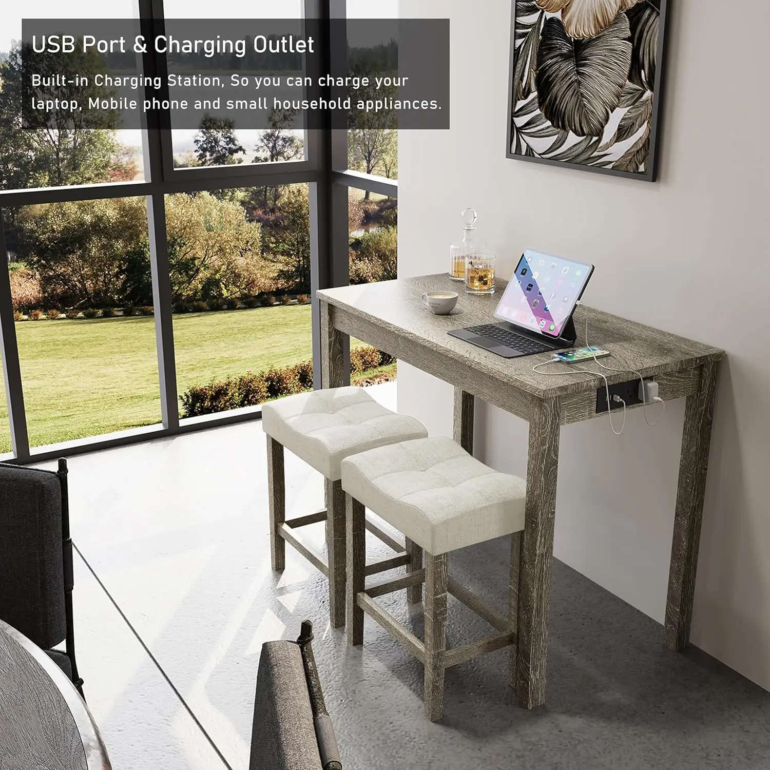 [Limited Time Offer!]3-Piece Counter Height Bar Table Set with Socket and 2 Fabric Padded Bar Stools, Tall Kitchen Breakfast Din