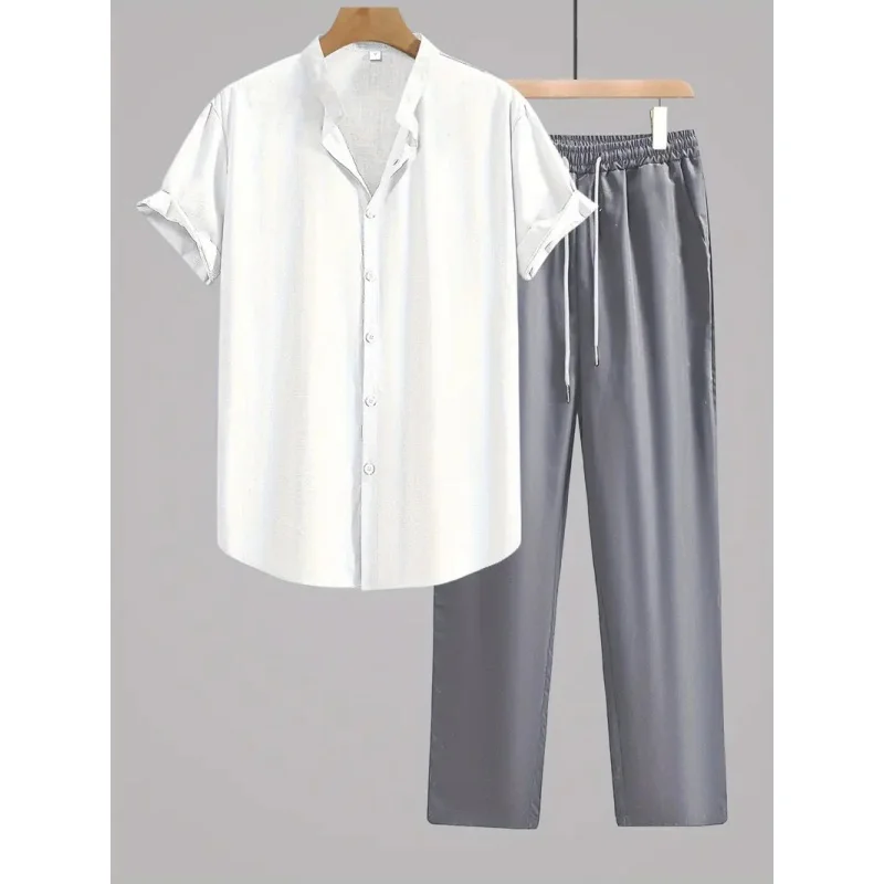 

Мужской комплект из 2 предметов: однотонная простота, повседневная модная рубашка с короткими рукавами и брюки на шнурке, повседневная одежда, пляжная одежда, ролевая одежда