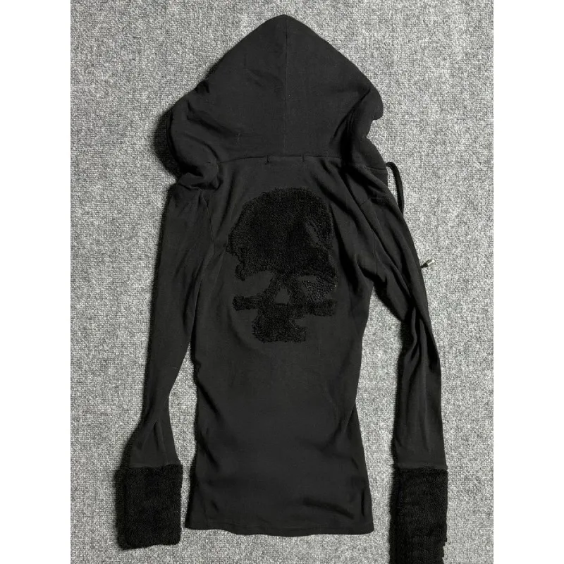 Deeptown Y2k Black Vintage Printed Hoodies Women V Neck Long Sleeve American Fashion Hooded Sweatshirt Streetwear Hip Hop Spring