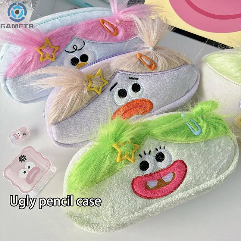 Kawaii Funny Big Capacity Plush Pencil Bag Creative Cartoon Big Mouth Girl Pens Storage Case Portable School Stationery Gift