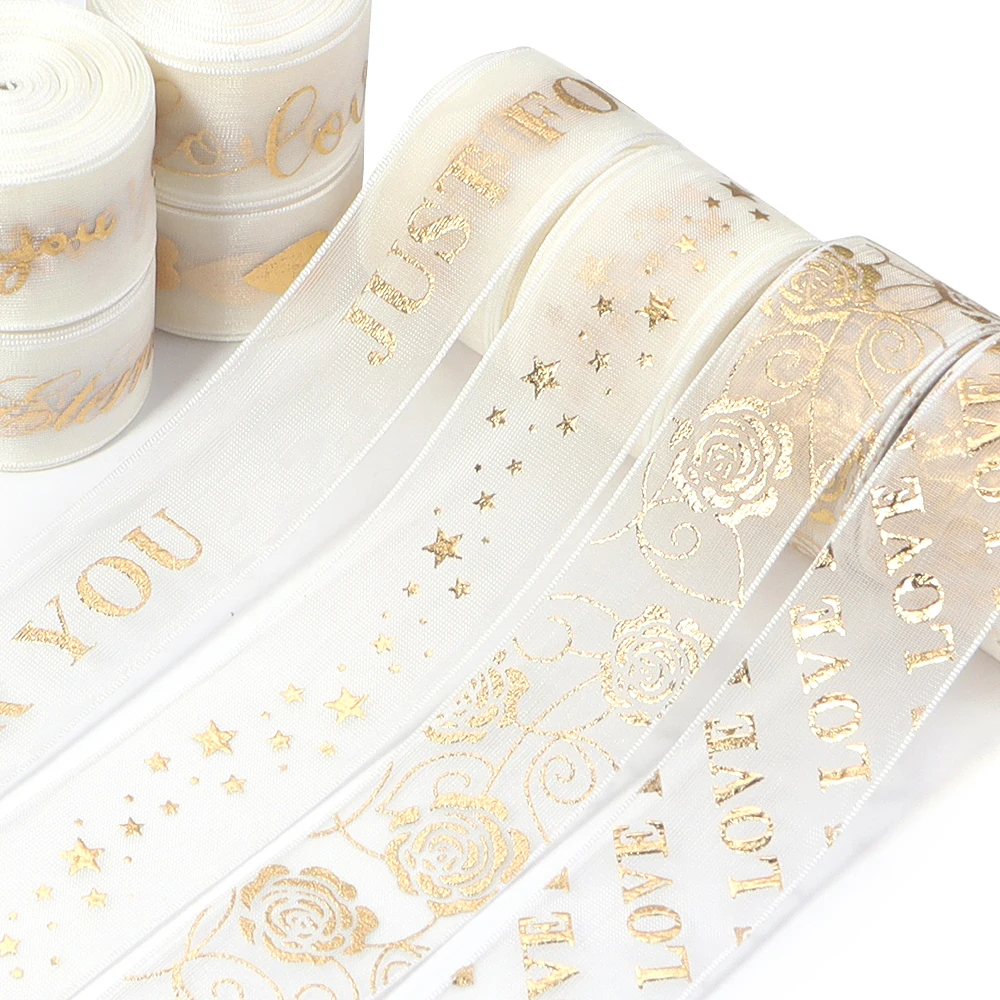 5yards/lot 25mm Gold Foil Printed Organza Ribbon Fish Tail Edge Organza Ribbons for DIY Gift Wrapping Wedding Party Decoration