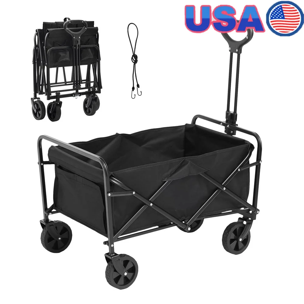 

220 lbs Heavy Duty Folding Wagon All Terrain Cart Quick Folding with Adjustable Handle Storage Pockets Camping Picnic Shopping