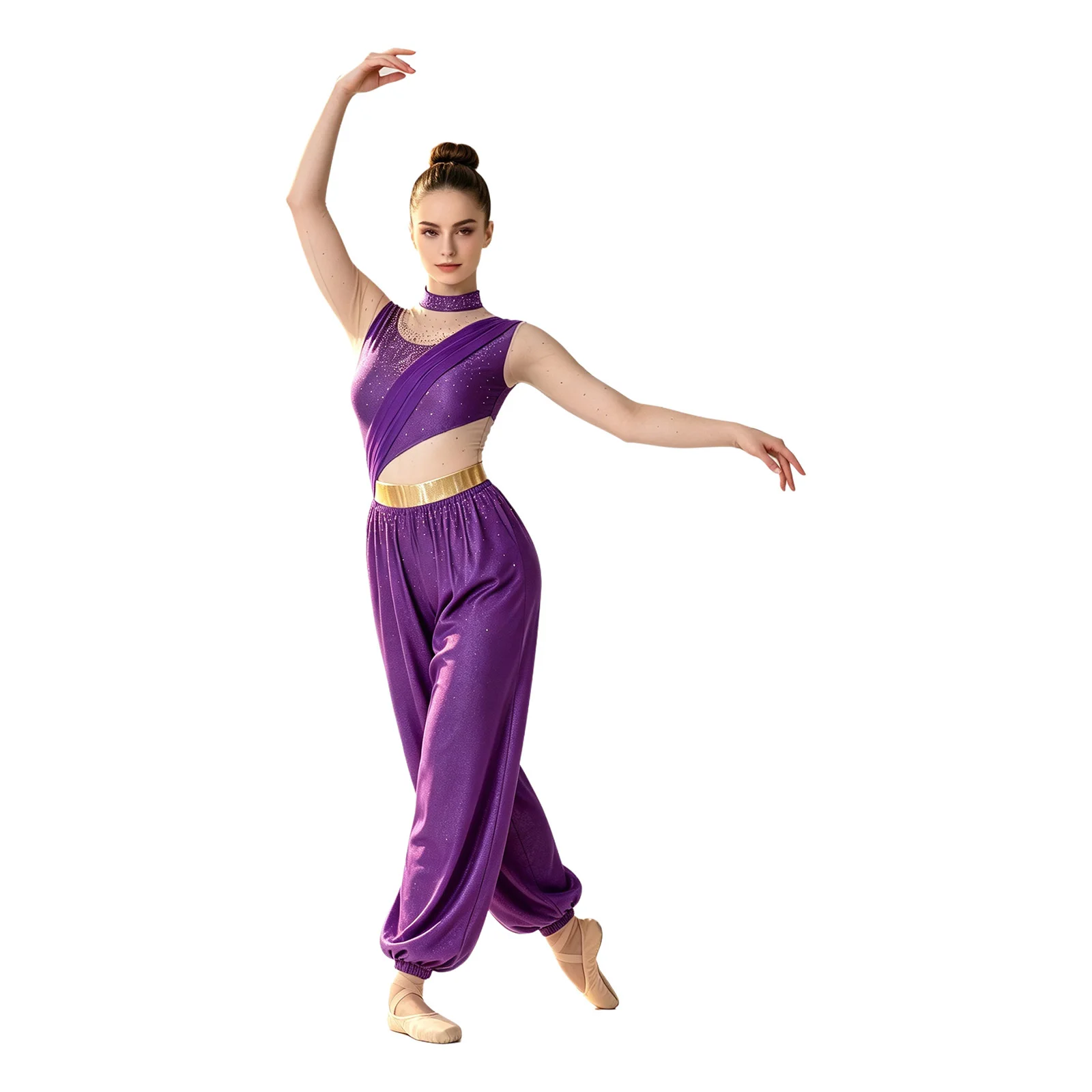 Bauchtanz-Outfit für Damen mit Strasssteinen, Märchenprinzessin-Kostüm, Transparenter Mesh-Jumpsuit mit Langen Ärmeln und Metallischer Taillenlinie – Detail 12
