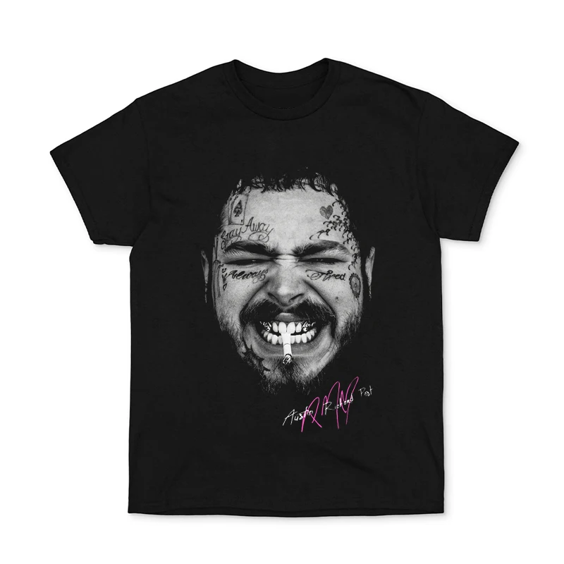 Adult men's100%cottonT-shirt Post Malone EuropeanandAmerican street rock rapper portrait print outdoor casual loose short sleeve