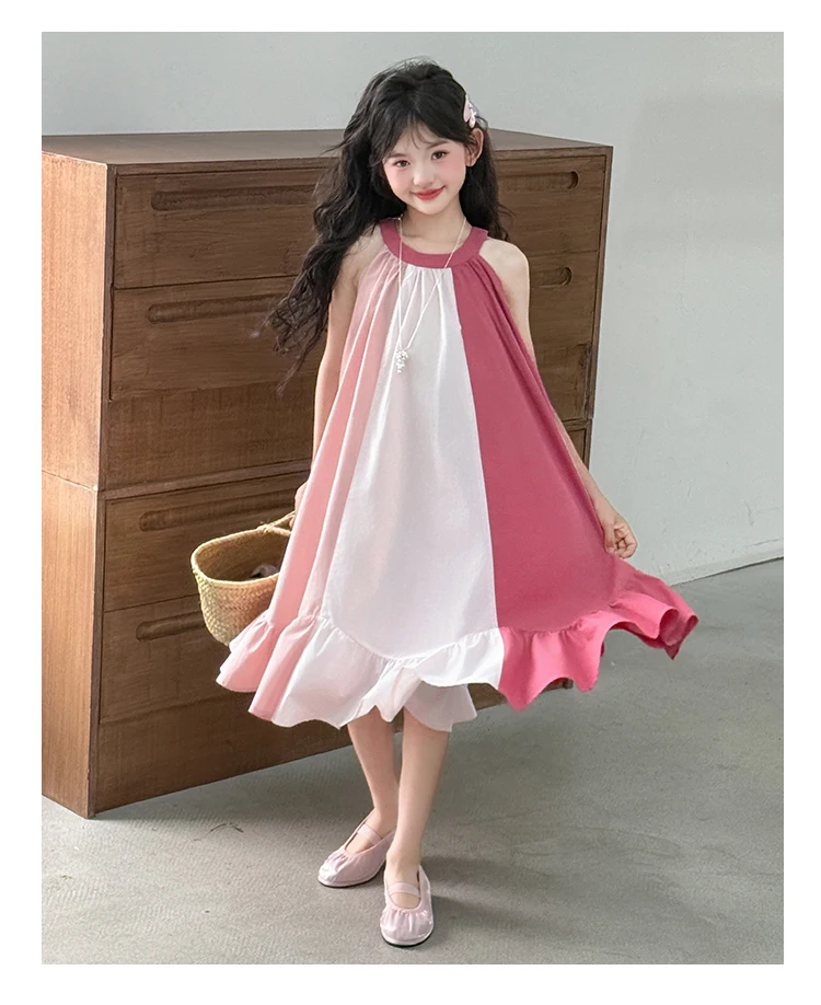 Mädchenkleid mit süßem Farbblock-Design für Sommerkostüme, Baumwolle, hohe Qualität, Kinderkleidung für Alter 7 8 9 10 12 14 Jahre – Detail 12
