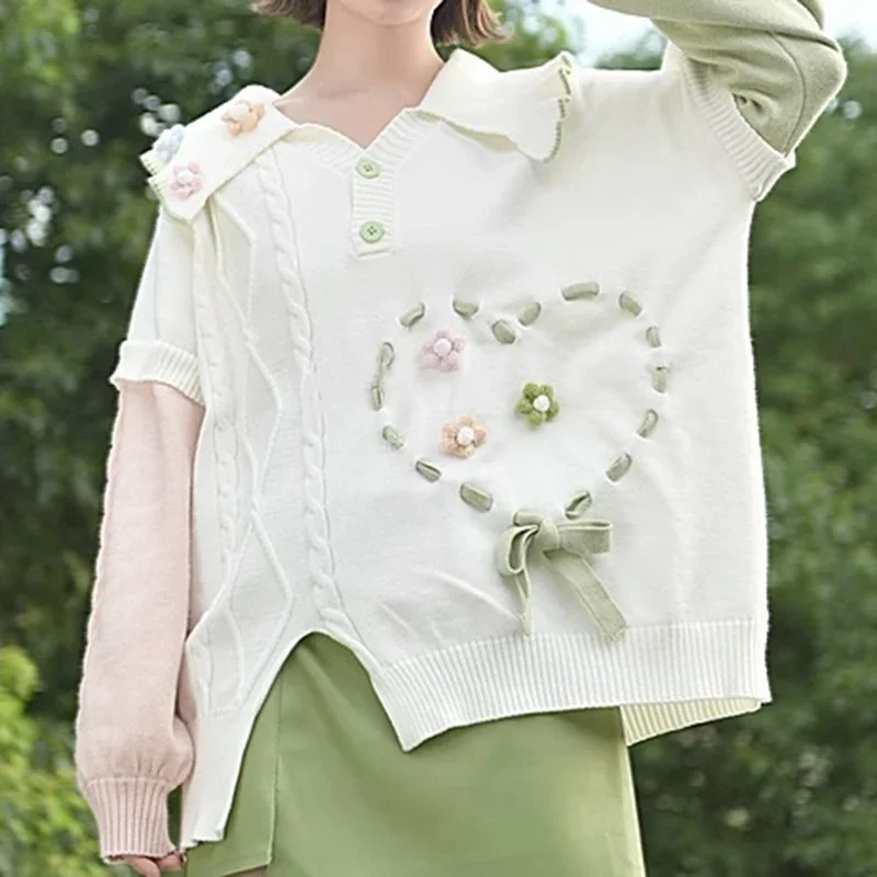 

French lapel three-dimensional flower pullover sweater women wear sweet and gentle alpaca wool knit tops in autumn and winter.