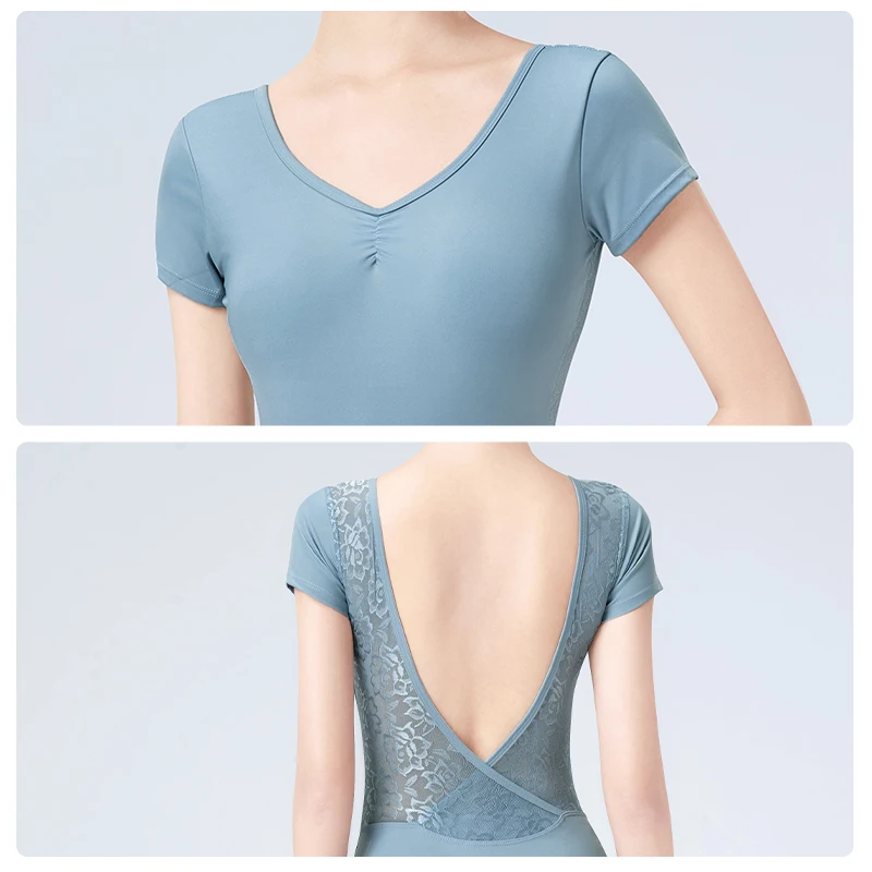 Women Ballet Leotards Backless Lace Splice Dance Leotards Short Sleeve Gymnastic Leotards Adult Yoga Ballet Dance Bodysuit