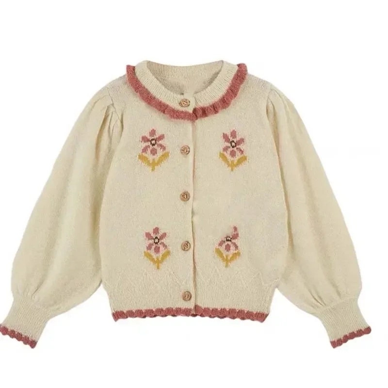 Pre-sale(Ship October) 2024 EM Autumn Kids Clothes Girls Cotton Sweater Lattice Cotton Baby Girls Embroidery  Sweaters for Kids