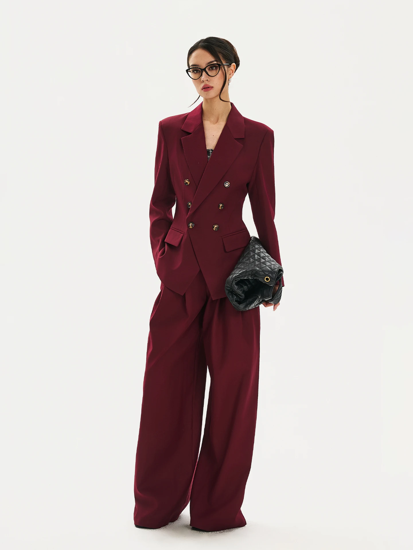 Classic Padded Shoulder Suit Set Wine Red Business Style Women's Fashion Outerwear Pants Ensemble FINDYA WINGS Collection
