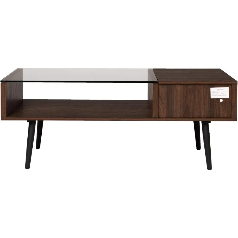 Montclair Mid Century Modern Two Toned 1 Drawer Coffee Table, 42 Inch, Glass and Dark Walnut