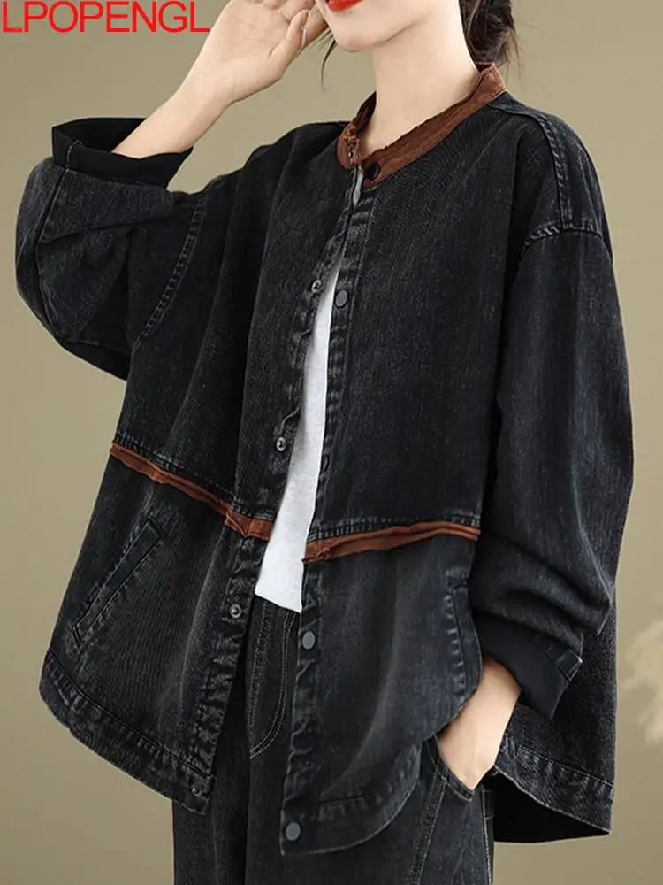 Autumn And Winter Vintage Denim Jacket Women's Patchwork Knitted O-neck Cardigan Loose Fashion Single Breasted Streetwear Coat