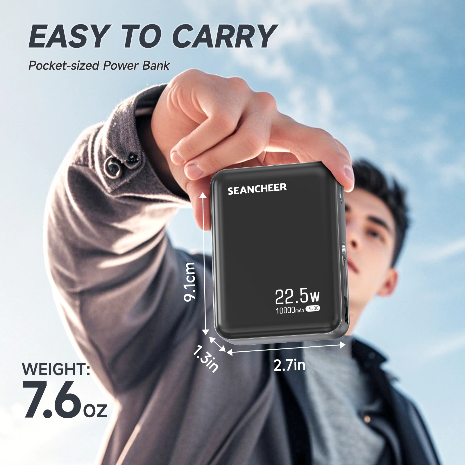 미니 휴대용 충전기, 22.5w 고속 충전 접이식 USB-C 케이블이 포함된 10000mAh 보조베터리, iPhone 16/15용 USB C 입력/출력