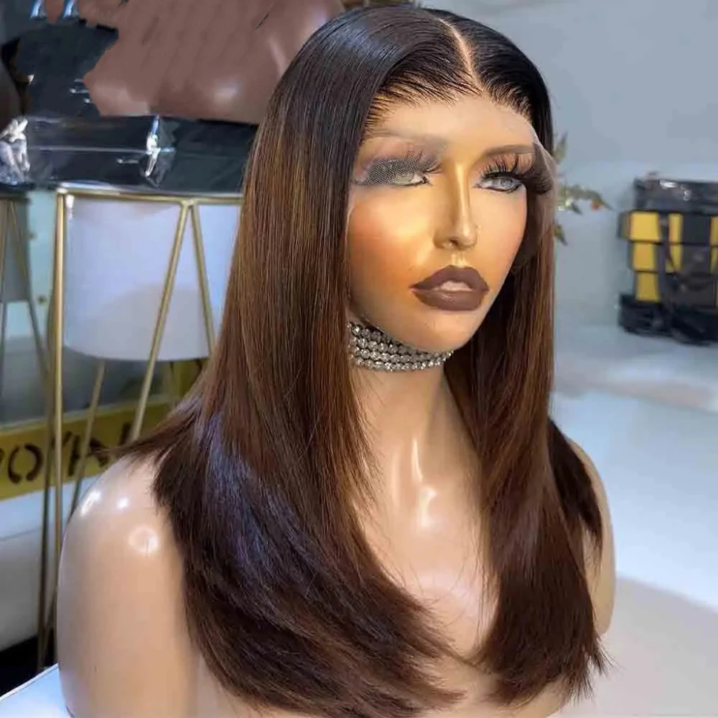 

Ombre Brown Straight 18inch 150 Density 5*5 Lace Front Hair 100% Human Hair Wig with Baby Hair Pre-Plucked Soft Hair Wig