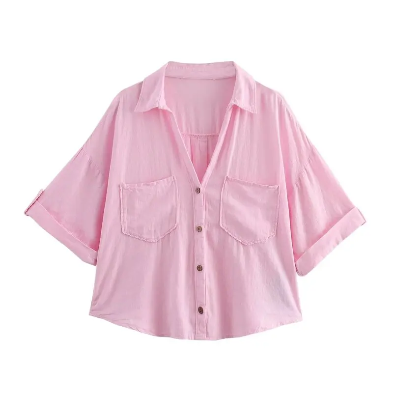 2024 Summer New Women's Faion Linen Blend irt Commute Versatile Design ort Sve V-Ne Loose Fit Regular Length