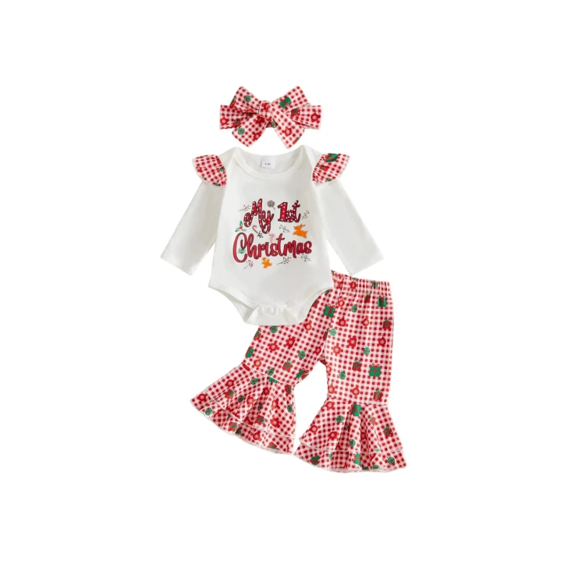 Autumn Baby Girl Outfit Round Neck Christmas Alphabet Print Long Sleeve Top Pants and Headband Set
