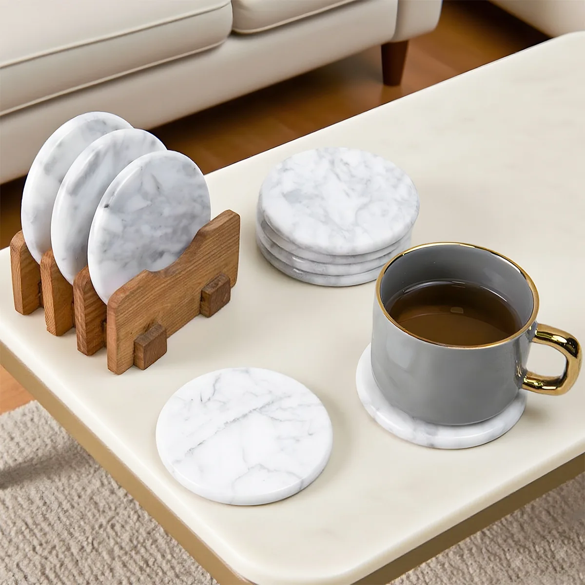 

YFY white glossy natural marble coaster coffee tea cup coaster home office placemat thermal insulation mat