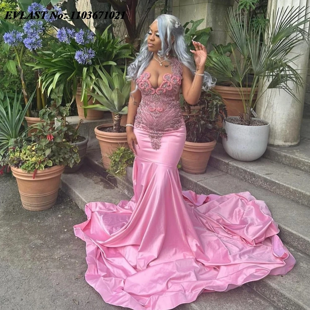 

EVLAST Customized Pink Prom Dress For Women Sequins Beaded Crystals Mermaid Party Gala Gowns Velvet vestidos de fiesta P50