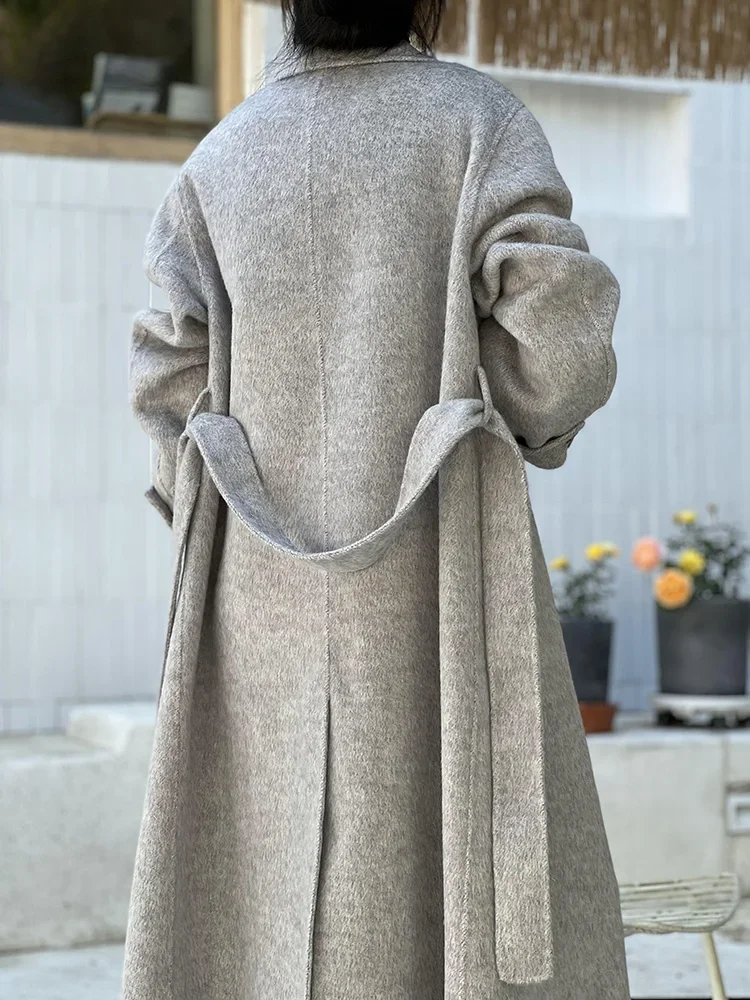 Winter New Double Sided Cashmere Coat Women Thick Korean Fashion Lace-up Lapel Wool Coat Female Gray Long Loose Wool Coat Women