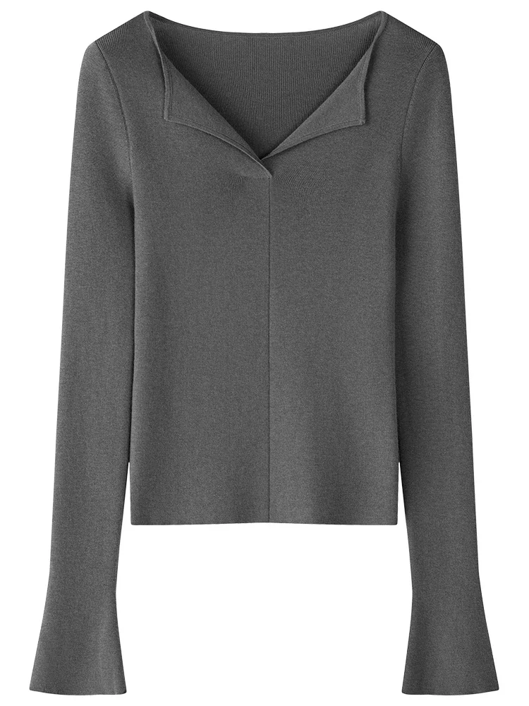 FSLE-suéteres ajustados de lana 24.7% para mujer, suéter suave con cuello en V, camisa inferior de lana, color gris, Invierno