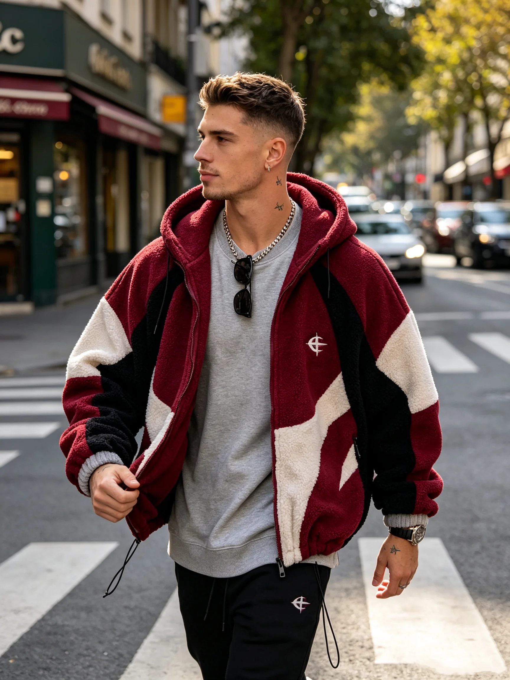 Men's Color‑Block Sherpa Fleece Hooded Jacket Drawstring Hem Zip Up Streetwear Warm Winter Outerwear