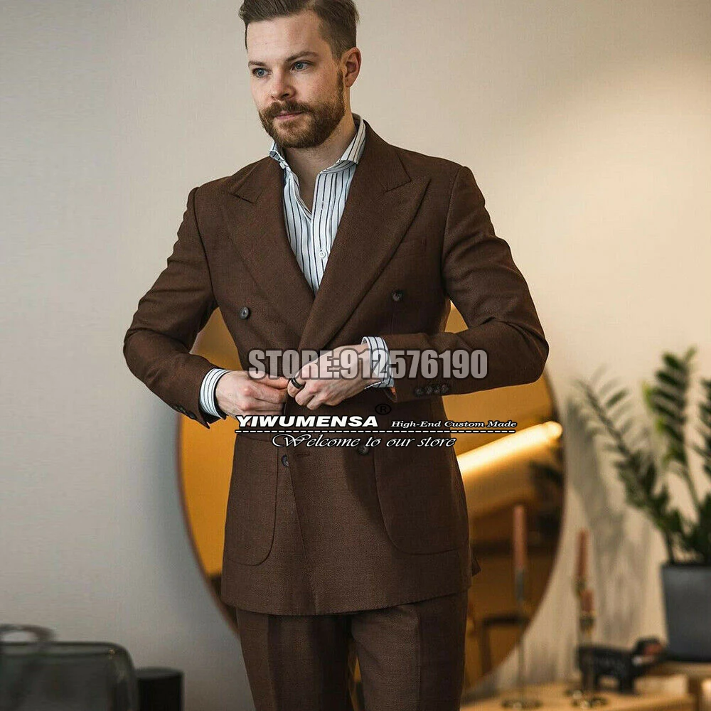 

Brown Suits Mens Slim Fit Doubel Breasted Jacket & Pant 2 Pieces Formal Business Dinner Prom Party Dress Elegant Wedding Tuxedos