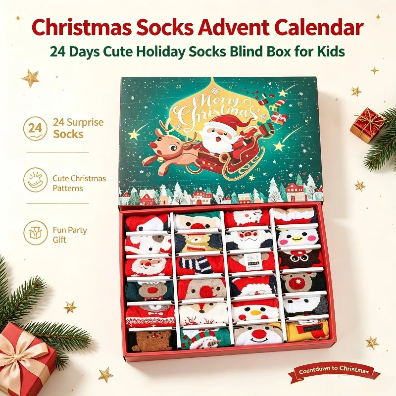 24個入りクリスマスストッキングアドベントカレンダーキット-24日間クリスマスカウントダウンカレンダー-さまざまなクリスマス柄のホリデーソックス