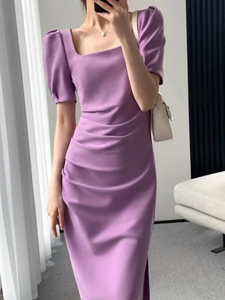 Women Summer New Elegant Bodycon French Midi Dress Short Sleeve Slim Vintage Party Vestidos Femme Fashion Solid Clothes Robe