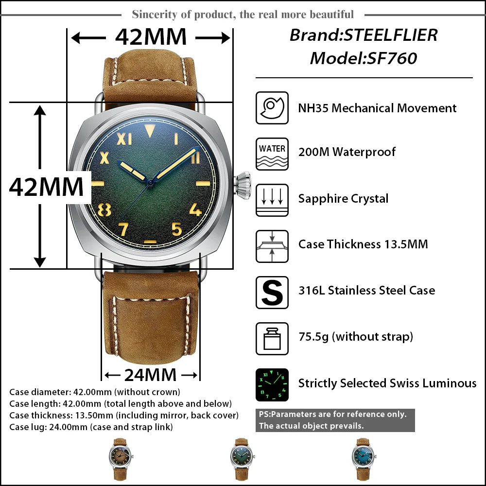 STEELFLIER SF760 Men\'s Automatic Steel Watch Green Luminous Dial Sapphire Glass 200M Waterproof NH35 Movt Mechanical Wristwatch