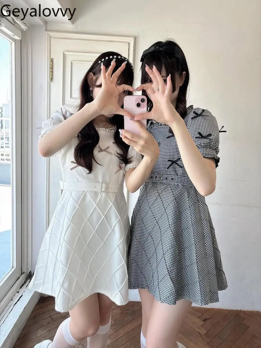 

Sweet Girl Short-sleeved Slim-fit Dress Japanese Summer New Three-dimensional Bow Rhombus Plaid High-waisted Belt Short Dresses