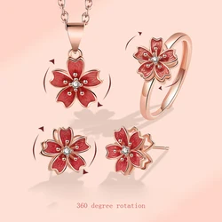 KOFSAC New Creative Rotatable Peach Blossom Necklace Earrings Ring For Women Anniversary Gift 925 Silver Rose Gold Jewelry Set