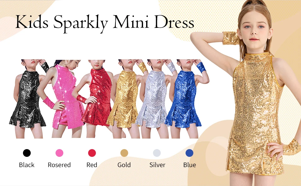 LOlanta Mädchen-Tanzkleidung mit Pailletten, 4–12 Jahre, glitzerndes Hip-Hop-Jazz-Tanz-Outfit, ärmelloses Oberteil und Shorts – Detail 2