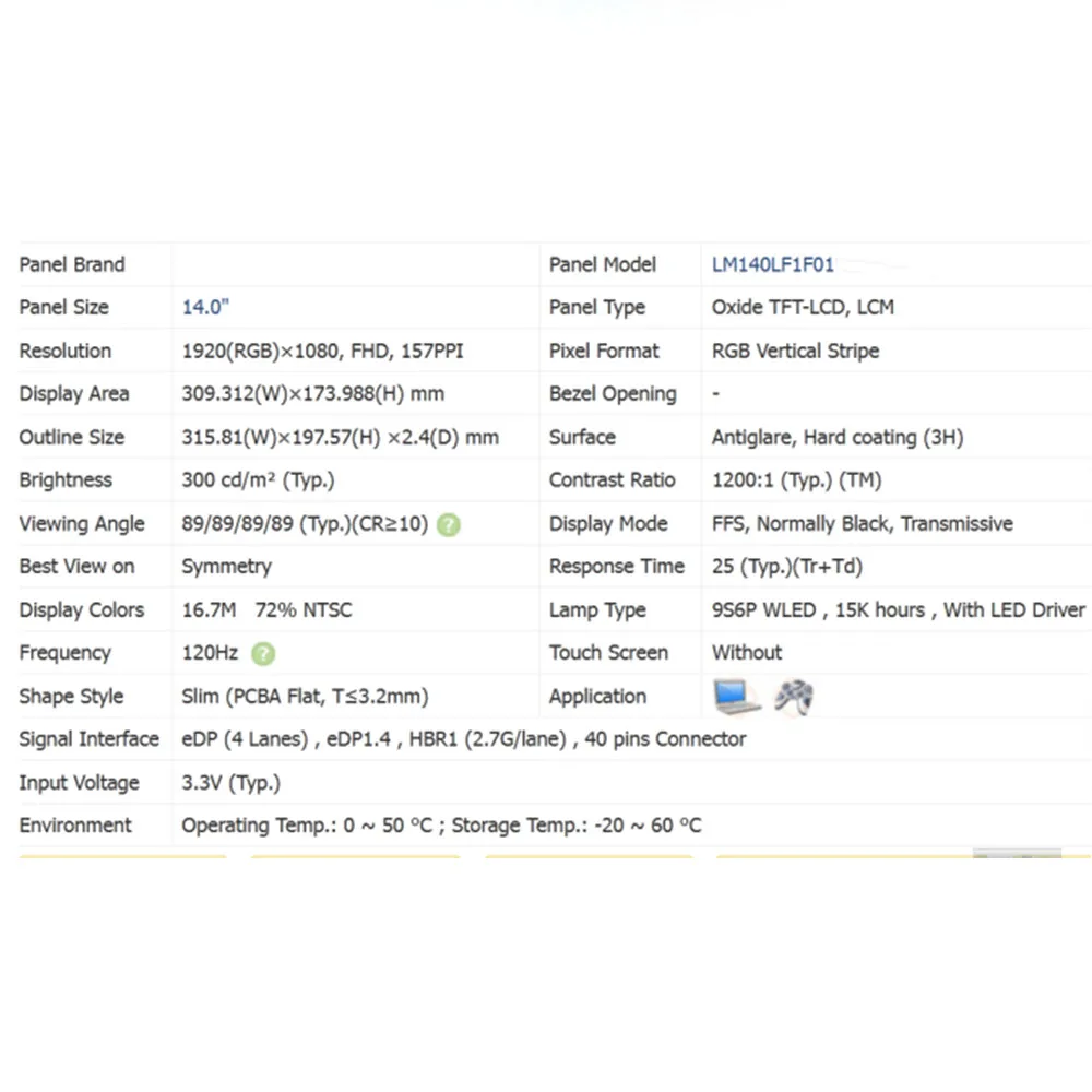 Schermo LCD per laptop IPS da 14 pollici LM140LF1F01 120Hz LM140LF1F02 144Hz per ASUS ROG Zephyrus G14 GA401Q PX401Q FHD eDP 40 pin